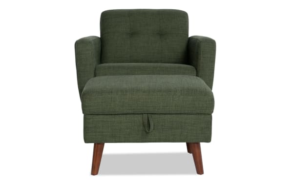 Bettie Avocado Chair & Storage Ottoman in mid-century modern style with tufted polyester fabric, track arms, wooden legs, and hidden storage ottoman.