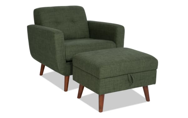 Bettie Avocado Chair & Storage Ottoman set in mid-century modern style with avocado green polyester fabric, tufted back, track arms, wooden legs, and ottoman storage.