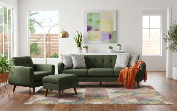 Bettie Avocado 86'' Sofa, Chair & Storage Ottoman 