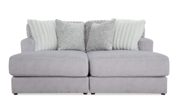 Sofia Gray 78'' Dual Chaise sectional sofa in gray polyester fabric with transitional style, channel tufted back cushions, and four faux fur pillows.