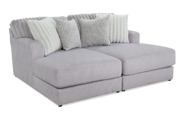 Sofia Gray 78'' Dual Chaise sectional in gray polyester fabric with transitional style, featuring channel tufted back cushions and four faux fur pillows for luxury and comfort.
