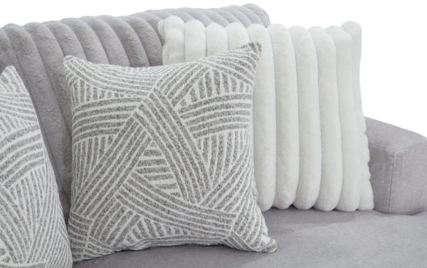 Gray Sofia Gray 78'' Dual Chaise sectional with transitional style, channel tufted polyester fabric, and four plush white faux fur pillows for luxury comfort.