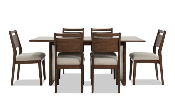 Contemporary Mango 7 Piece Dining Set with 72'' solid mango wood table and six beige polyester fabric Bob-O-Pedic panel back chairs.