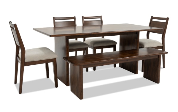 Mango 6 Piece Brown & Beige Solid Mango Wood Dining Set with 72" Table, 4 Beige Bob-O-Pedic® Fabric Chairs, and Oversized Bench. Contemporary style.