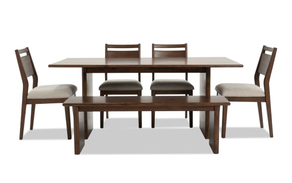 Mango 6 Piece Brown & Beige Solid Mango Wood Dining Set with 72" table, 4 beige polyester-upholstered Bob-O-Pedic® chairs, and oversized bench. Contemporary style from Mango Dining collection.
