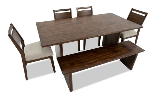 Mango 6 Piece Brown & Beige Solid Wood 72'' Dining Set with Bench, featuring a contemporary solid mango wood table, four beige fabric-upholstered Bob-O-Pedic® panel back chairs, and an oversized mango wood bench seating up to three.