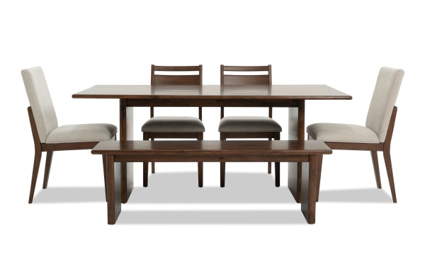 Mango 6 Piece Contemporary Dining Set in beige with solid mango wood table, bench, two panel back and two upholstered polyester fabric chairs.