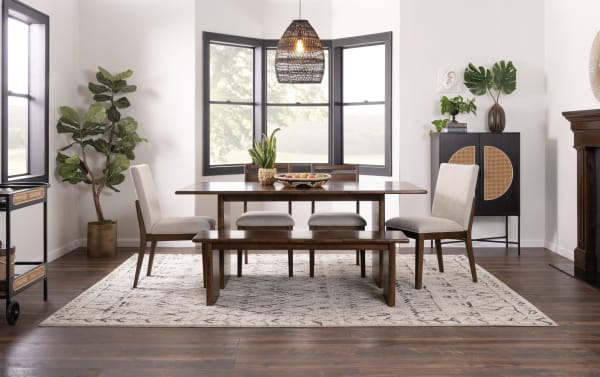 Mango 6 Piece Brown & Beige Solid Mango Wood Dining Set with 72" table, beige polyester upholstered chairs, and oversized bench in contemporary style.