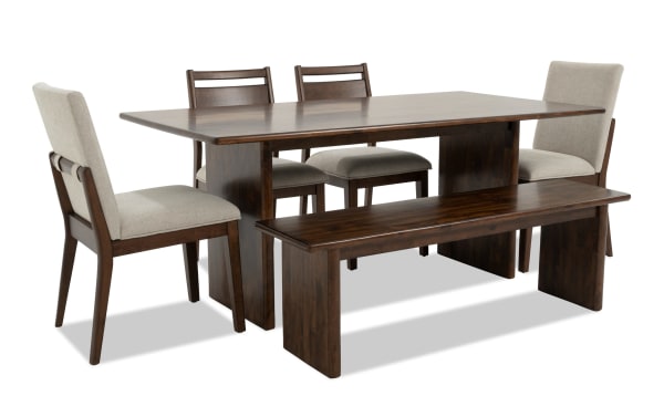 Mango 6 Piece Brown & Beige Solid Mango Wood Dining Set with Polyester Upholstery, includes 72" table, 2 panel back chairs, 2 beige Bob-O-Pedic® chairs, and oversized bench. Contemporary style from Mango Dining collection.