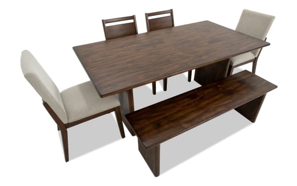 Mango 6 Piece Contemporary Dining Set with 72" solid mango wood table, beige polyester-upholstered chairs, and oversized wood bench.