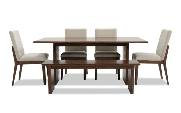 Mango 6 Piece Brown & Beige Solid Mango Wood Dining Set with 4 Bob-O-Pedic® Beige Upholstered Chairs and Oversized Bench, Contemporary Style