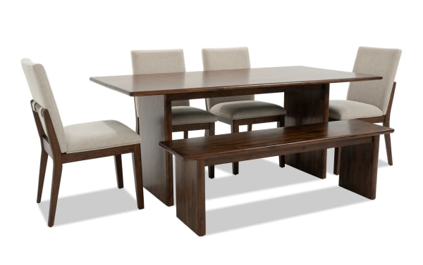 Mango 6 Piece Contemporary Dining Set with 72" solid mango wood table, beige polyester-upholstered chairs, and oversized bench.