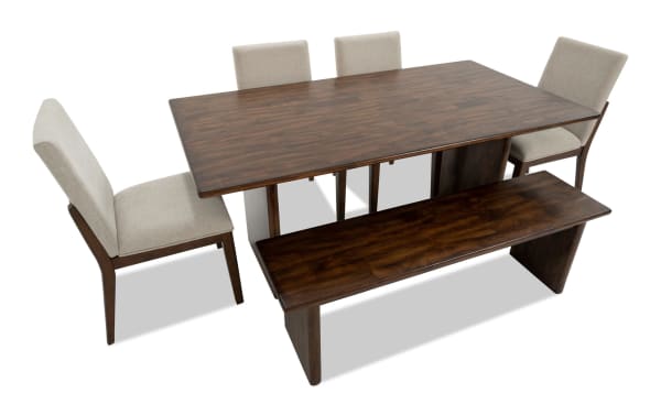 Mango 6 Piece Contemporary Dining Set with 72" solid mango wood table, beige polyester upholstered chairs, and matching wood bench seating up to 3.