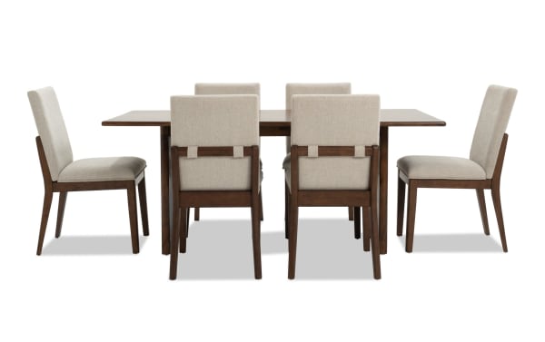 Mango 7 Piece Contemporary Dining Set with 72" solid mango wood table and six beige polyester fabric upholstered chairs from Mango Dining collection.