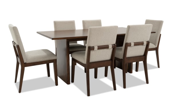 Mango 7 Piece Brown & Beige Solid Mango Wood Dining Set with 72" rectangular table and six beige polyester-upholstered chairs, contemporary style.