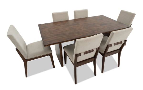 Mango 7 Piece Brown & Beige Solid Mango Wood Dining Set with 72" rectangular table and six beige polyester-upholstered Bob-O-Pedic chairs in contemporary style