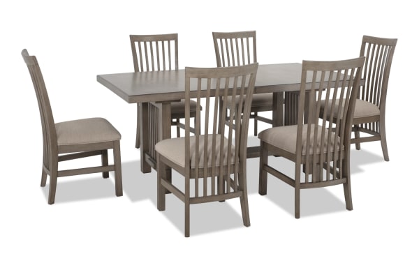 Artisan 7 Piece Gray Upholstered Extendable Dining Set with beige polyester fabric seats, oak veneer tabletop, and transitional style wooden frame.