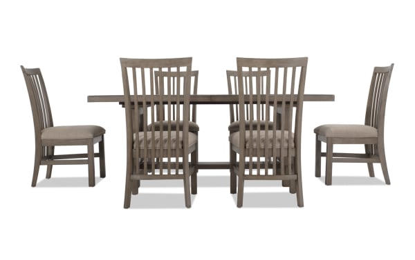 Artisan 7 Piece Gray Upholstered Extendable Dining Set with beige polyester fabric seats, oak veneer table, and Asian hardwood solids in transitional style.