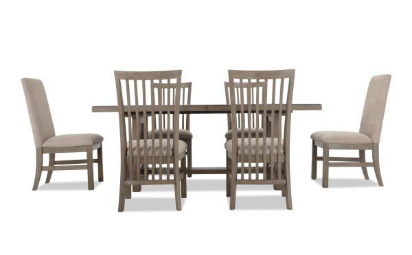 Artisan 7 Piece Gray Upholstered Extendable Dining Set with beige polyester fabric chairs, oak veneer tabletop, and Asian hardwood solids in transitional style.
