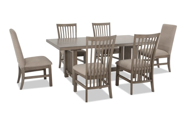 Artisan 7 Piece Gray Upholstered Extendable Dining Set with beige polyester fabric seats, oak veneer tabletop, and transitional style wood frame.