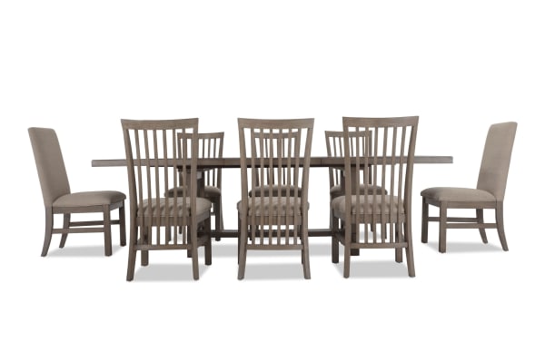 Artisan 9 Piece Gray Upholstered Extendable Dining Set with beige polyester fabric, oak veneer table, and transitional style chairs.