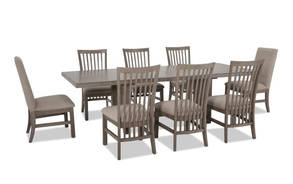 Artisan 9 Piece Gray Upholstered Extendable Dining Set with beige polyester fabric, oak veneer table, and transitional style chairs.