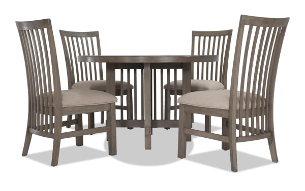 Artisan 5 Piece Gray Round Upholstered Dining Set with beige polyester fabric seats, oak veneer table, and transitional style wooden frame.