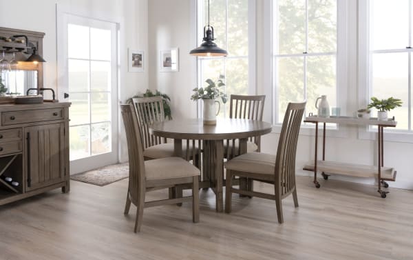 Artisan 5 Piece Gray Round Upholstered Dining Set with beige polyester fabric chairs, oak veneer tabletop, and transitional style in Artisan Dining collection.