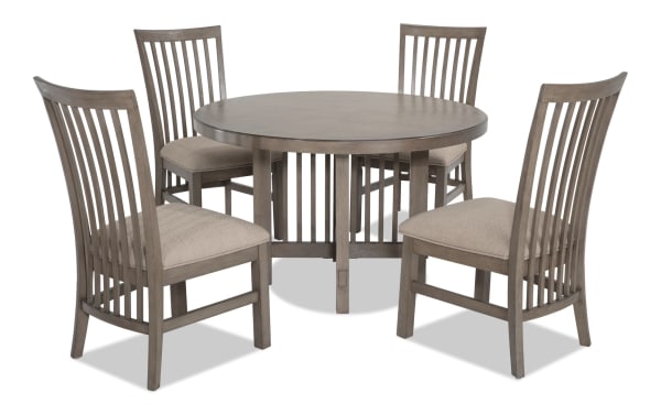 Artisan 5 Piece Gray Round Upholstered Dining Set with beige polyester fabric seats, oak veneer tabletop, and Asian hardwood frame in transitional style.