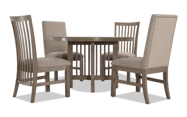Artisan 5 Piece Gray Round Upholstered Dining Set with beige polyester fabric, oak veneer table, and transitional style chairs in MDF and Asian hardwood solids.