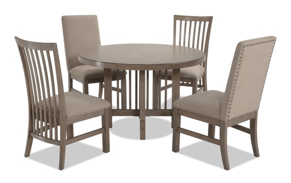 Artisan 5 Piece Gray Round Upholstered Dining Set with beige polyester fabric, oak veneer tabletop, and transitional style wooden chairs.