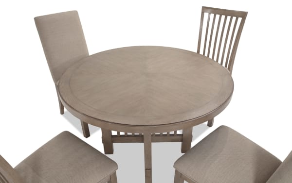 Artisan 5 Piece Gray Round Upholstered Dining Set with beige polyester fabric chairs, oak veneer tabletop, and transitional style.