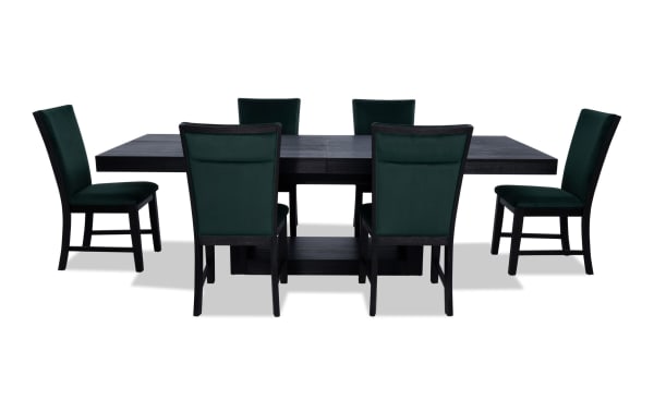 Cosmopolitan 7 Piece Black & Emerald Upholstered Extendable Dining Set with velvet green fabric chairs, MDF and acacia veneer table, contemporary style.