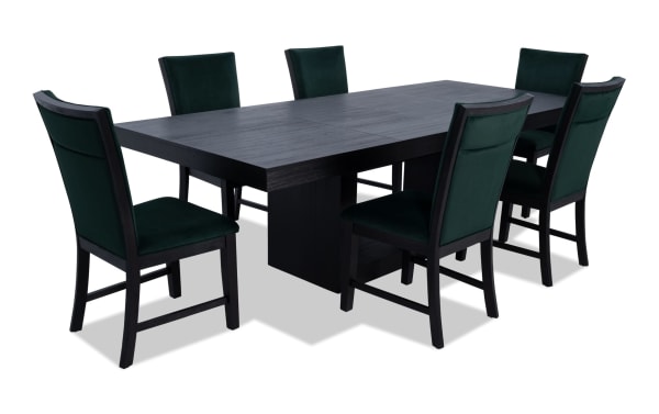 Cosmopolitan 7 Piece Black & Emerald Upholstered Extendable Dining Set with velvet green fabric chairs, MDF and rubberwood table, contemporary style.