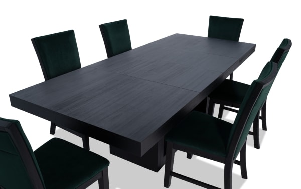 Cosmopolitan 7 Piece Black & Emerald Upholstered Extendable Dining Set with velvet green chairs, MDF and rubberwood table, contemporary style.