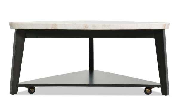 Elm Espresso & Marble Triangle Coffee Table with sleek white marble top, espresso MDF frame, and triangular lower shelf from Elm Occasional collection.