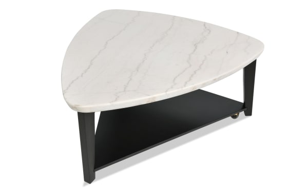 Elm Espresso & Marble Triangle Coffee Table with sleek white marble top, espresso MDF frame, and lower shelf, from Elm Occasional collection, transitional style.