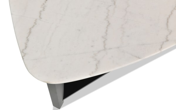 Triangular Elm Espresso & Marble Triangle Coffee Table with sleek white marble top and dark MDF frame, part of Elm Occasional transitional collection.