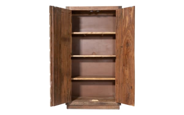 Brown 2 Door Hand Carved Reclaimed Wood Cabinet with traditional style, featuring unique hand-carved doors and three interior shelves for storage.