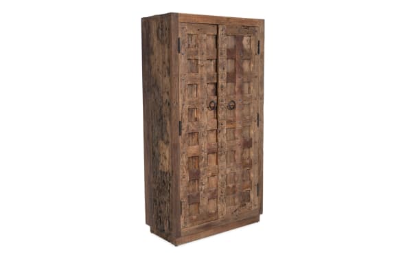 Brown 2 Door Hand Carved Reclaimed Wood Cabinet with intricate lattice-style doors, traditional rustic design, and interior shelf storage for home decor or tools.
