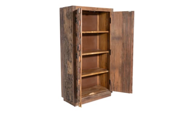 Brown 2 Door Hand Carved Reclaimed Cabinet with traditional style, wooden shelves, and unique hand-carved rustic doors for decorative storage.