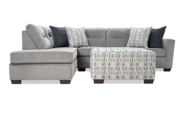 Dylan Slate 112'' 2-piece left arm chaise sectional with ottoman in gray polyester fabric, transitional style with memory foam cushions and four accent pillows.