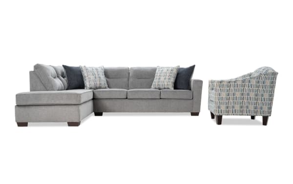 Dylan Slate 112'' 2-piece left arm facing chaise sectional in gray polyester fabric with memory foam cushions, four accent pillows, and matching patterned accent chair. Transitional style Dylan collection living room set.