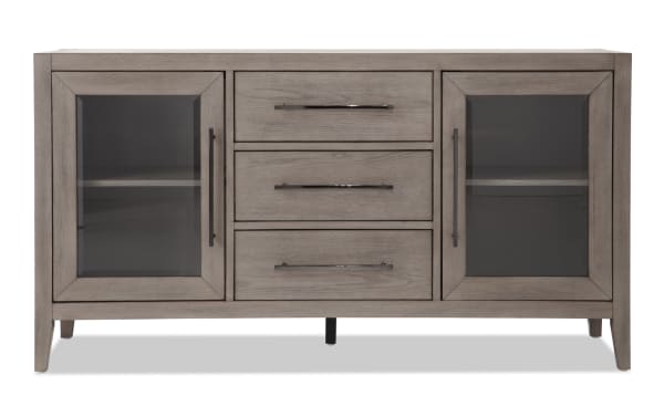 Villa 60" gray transitional TV stand with MDF frame, glass cabinet doors, three center drawers, and cord management for TVs up to 60".