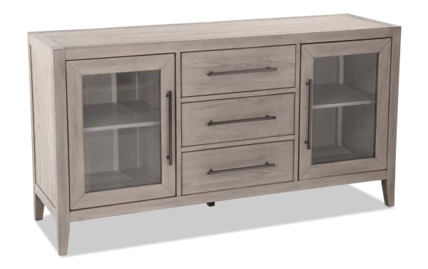 Villa 60" gray transitional TV stand with MDF frame, glass cabinet doors, three center drawers, and cord management for TVs up to 60".