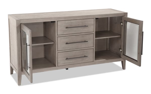 Villa 60" gray transitional TV stand with MDF and glass construction, featuring two glass-paneled cabinets, three central drawers, and cord management.