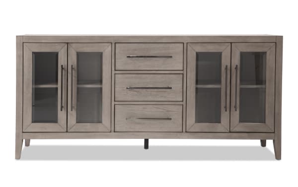 Villa 70" Gray Transitional TV Stand with MDF frame, glass cabinet doors, three center drawers, and cord management for TVs up to 70".