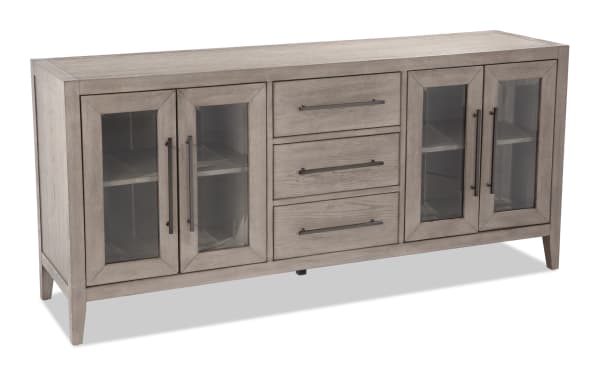 Villa 70" Gray Transitional TV Stand with MDF frame, glass cabinet doors, three drawers, and cord management for TVs up to 70 inches.