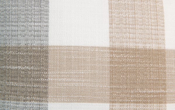 Close-up of Cottage Chic Outdoor fabric upholstery in gray and beige tones, featuring durable polyester weave with textured pattern for weather-resistant outdoor loveseat cushions.