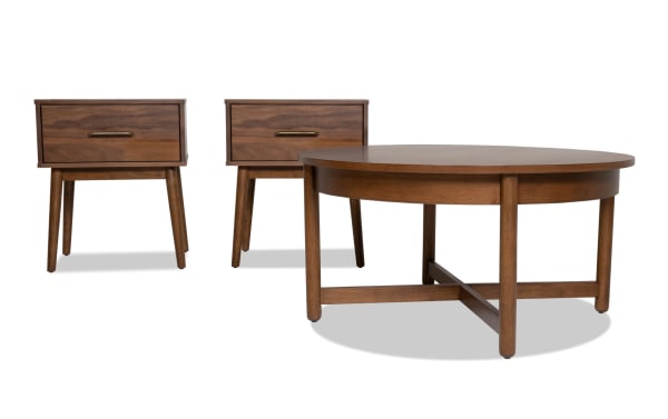 Bettie Walnut Round Storage Coffee Table and 2 End Tables set, mid-century modern style, walnut wood finish, angled legs, clean lines, space-saving design.